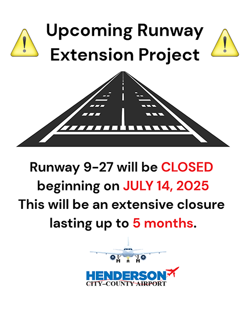 Runway extension project flyer. Runway 9–27 will be closed beginning on July 14, 2025 lasting up to five months.